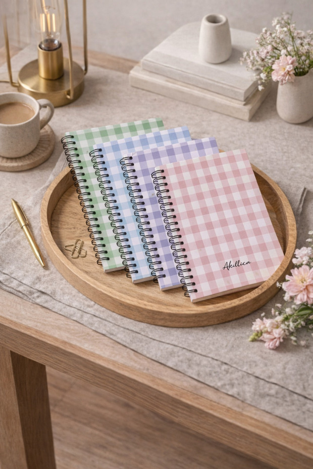 AKILLICA A5 4'lü Spiralli Kareli Okul Defter Seti - Pastel Checkered Desenli 56 Yaprak Karton Kapak