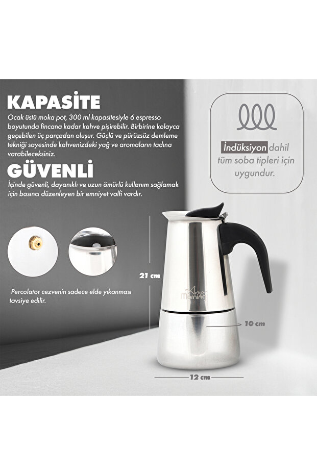 Çelik Moka Pot 300 ml (6 Shot) 18/10 Paslanmaz Çelik Espresso Demleme Potu - 7