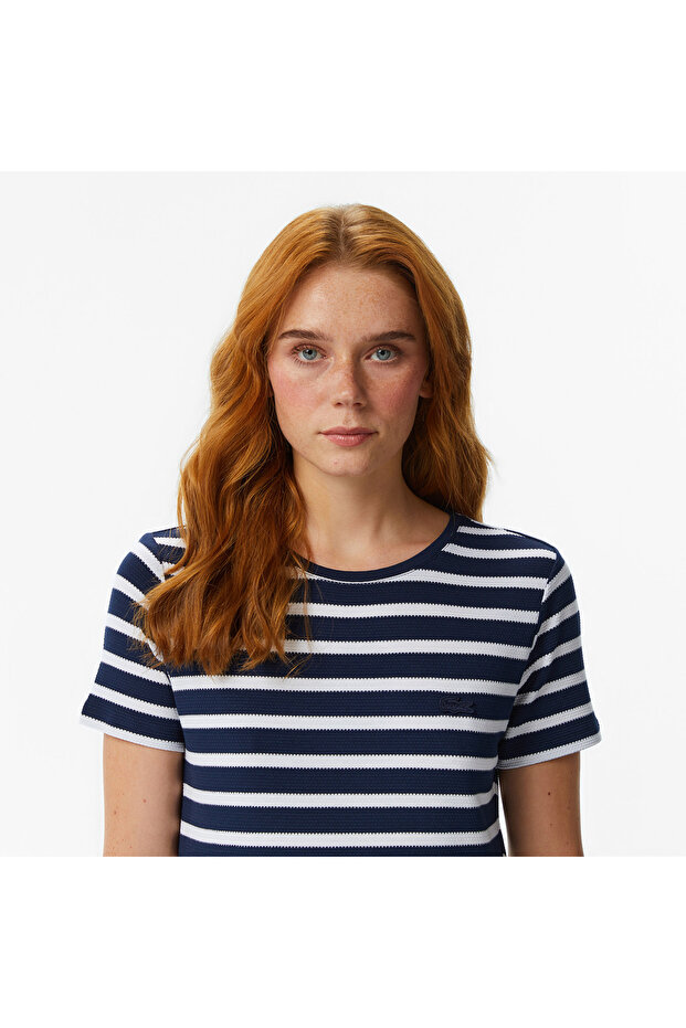 Kadın Slim Fit Bisiklet Yaka Çizgili Lacivert T-Shirt - 2