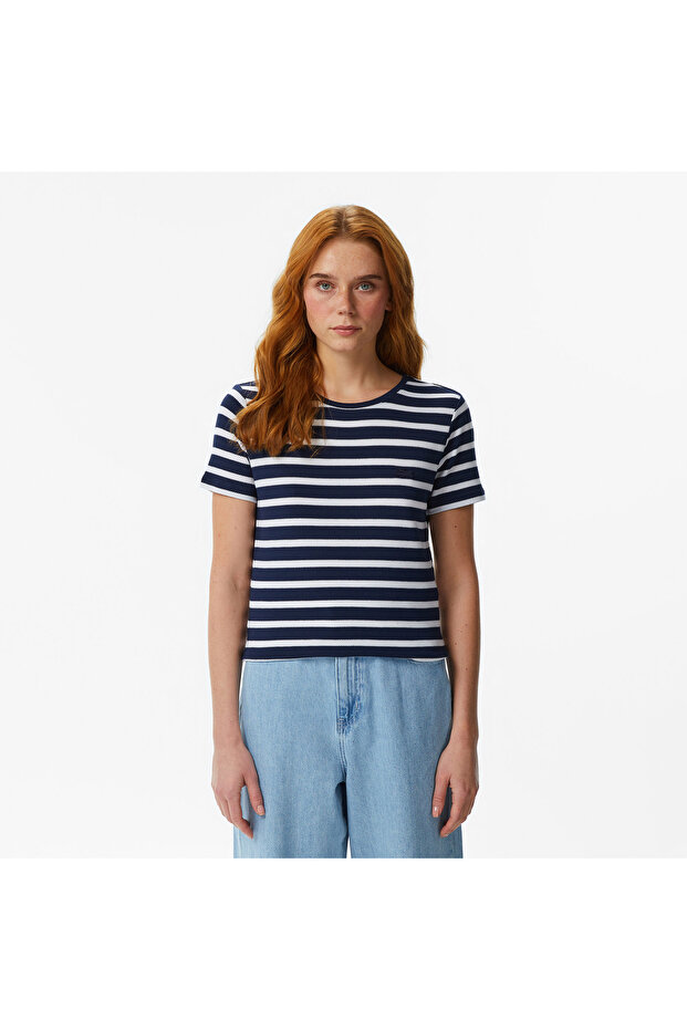 Kadın Slim Fit Bisiklet Yaka Çizgili Lacivert T-Shirt - 1