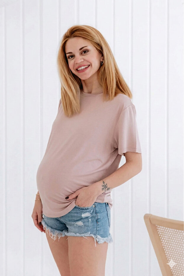 Crew Neck Modal Bamboo Short Sleeve Relaxed Fit Stretchy Maternity T-Shirt