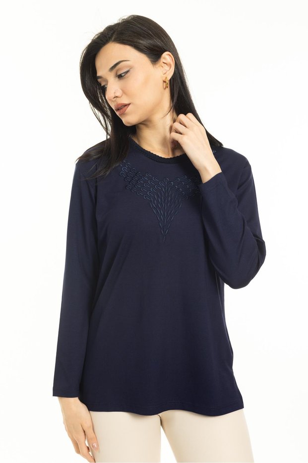 New Season Women's Middle Age and Up New Pattern Round Neck Lycra Mother Combed Cotton Blouse 30530