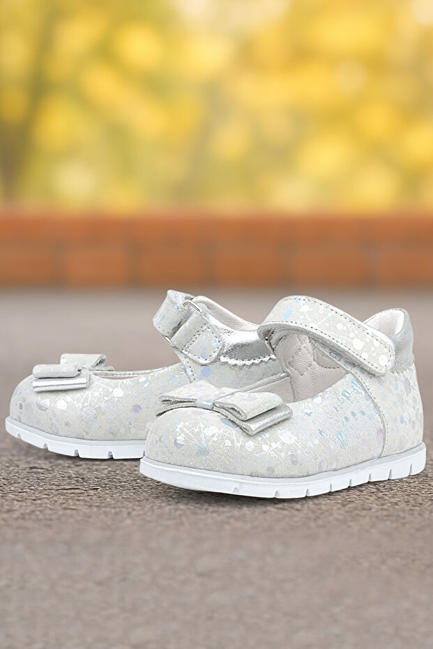 Silver Patterned Genuine Leather Baby Girl Ballerina Shoes