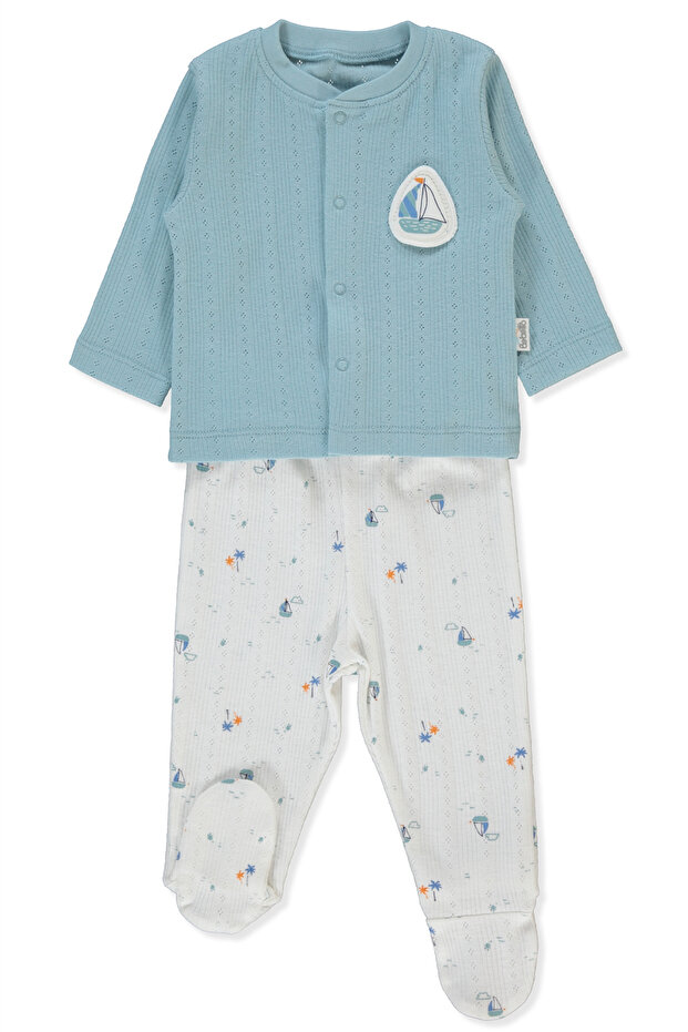 Perforated Pajama Set with Booties, 2 Pieces (Palm in the Sea) Petrol Green