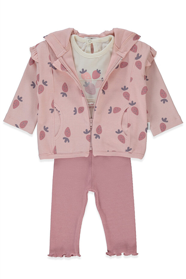 Kaşkorse Hooded Cardigan 3-Piece Set (Strawberry) Dried Rose