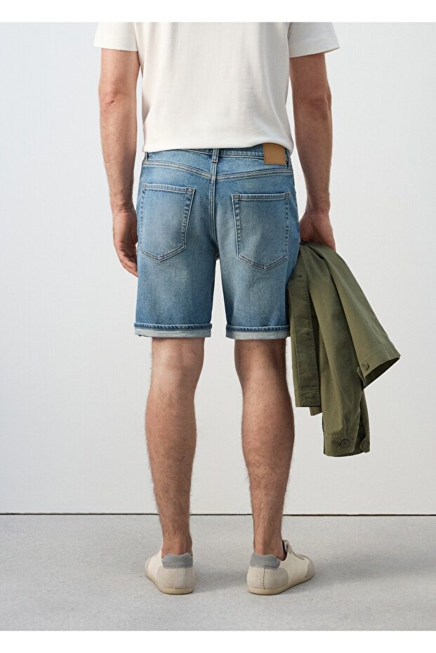 Slim fit kot bermuda şort - 4