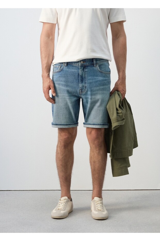 Slim fit kot bermuda şort - 1