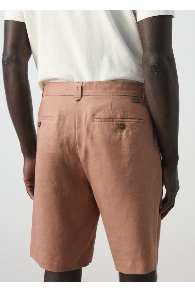 Dar kesim %100 keten bermuda şort - 8