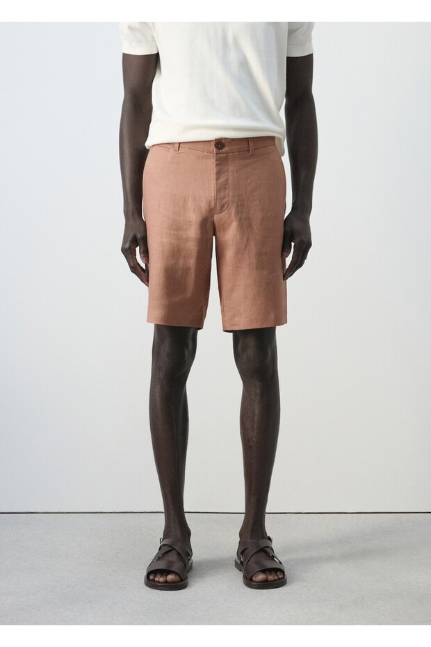 Dar kesim %100 keten bermuda şort - 1