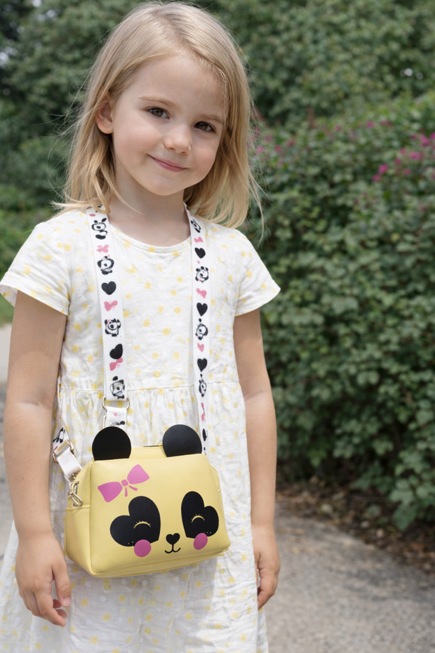 Girl's Faux Leather Crossbody Bag with Panda Figure and Pompom Detail