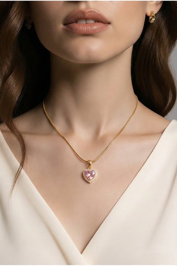 Zircon Stone Pink Heart Steel Necklace with Box - Elegant Necklace with Heart for a Gift to a Lover