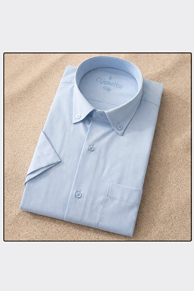 Men's Cold Blue Cotton Short Sleeve Pocket Collar Button Classic Cut Shirt