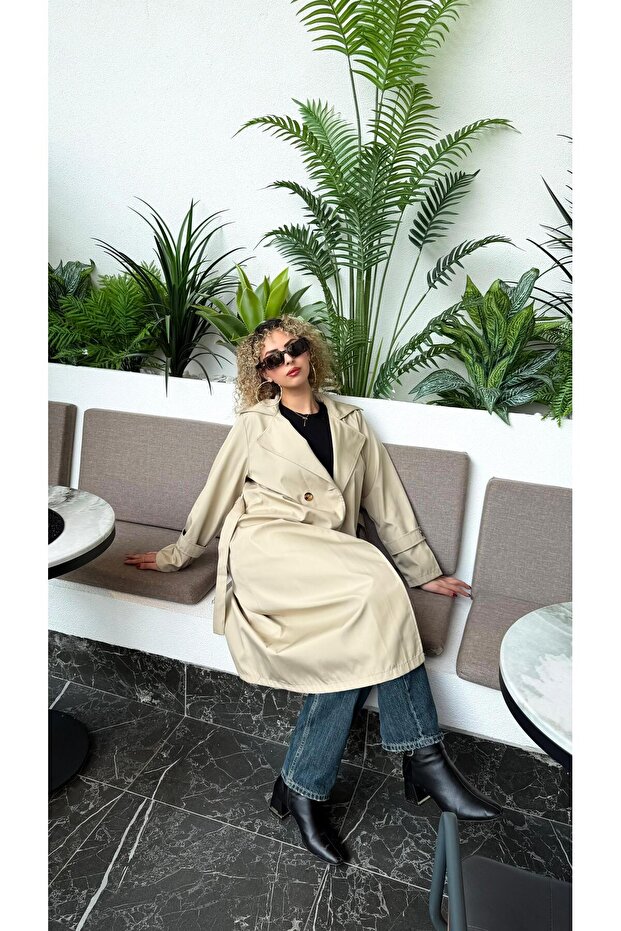 Women's Long Belted 4-Button Trench Coat – Water-Repellent Fabric