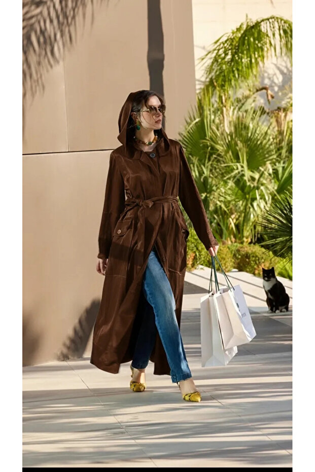 Pocket Detail Hooded Chanel Linen Pardesü 39504 Brown