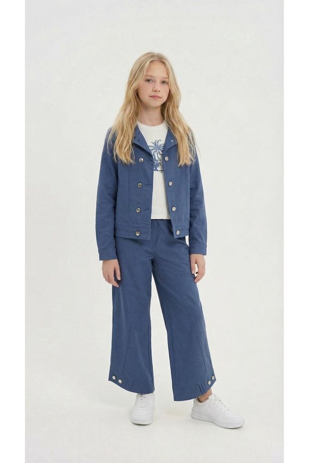 Indigo Double Button Detailed Shirt and Trousers Girls Gabardine Suit 23542