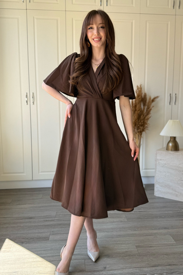 Double Breasted Collar Sleeves Flounced Midi Brown Dress