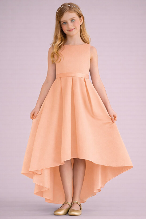 Girl's Salmon Color Asymmetrical Skirt Detailed Simple Stylish Satin Ball Gown Birthday Prom Graduation Dress