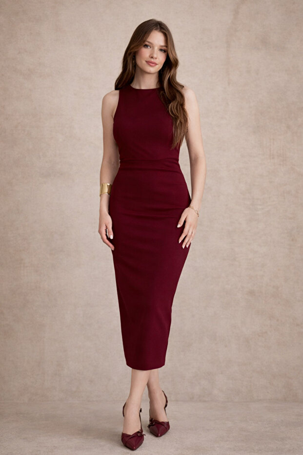 Drapeli Midi Bordo Elbise - 2