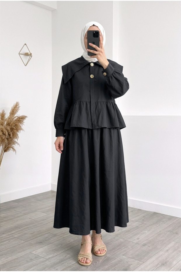 Belina Shirt with Ruffles and Big Button Skirt Set-Mf565 Black