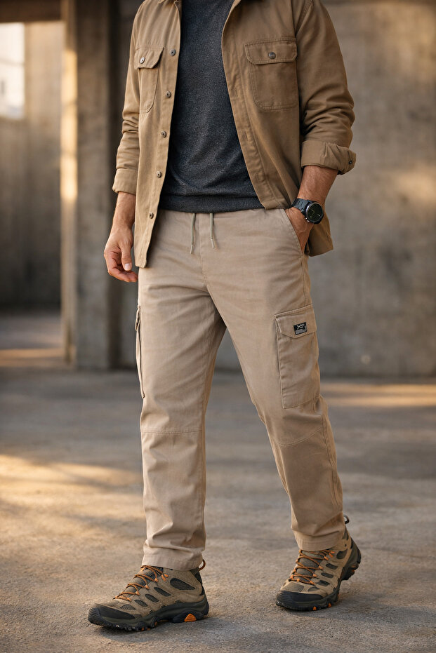 Men's Stone Color Cargo Pants Relaxed Fit Cotton Elastic Waist