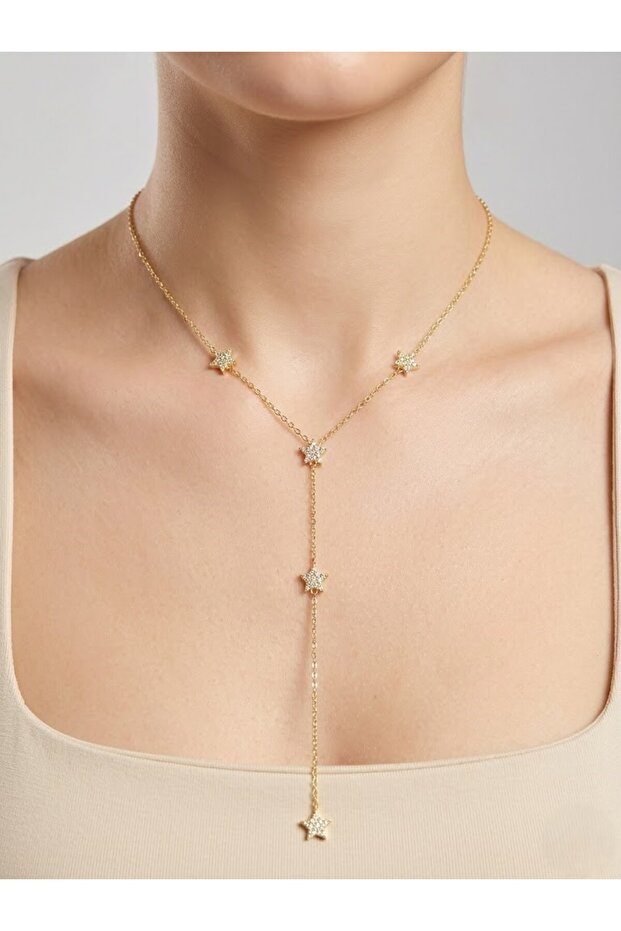 Steel Gold Stone Star Y Necklace