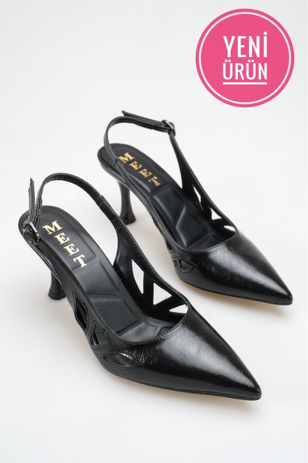 Mendy Women's Black Yanki Crinkle Detail with Side Holes Pointed Toe Heeled Shoes 300312