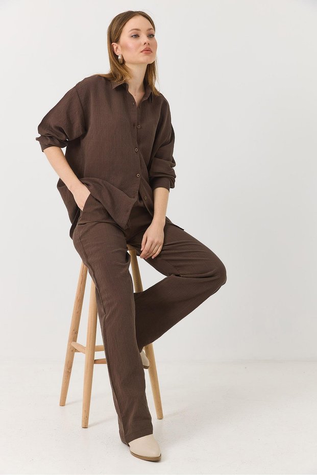 Women's Linen Casual, Stylish and Sporty Wide-Leg Set Brown