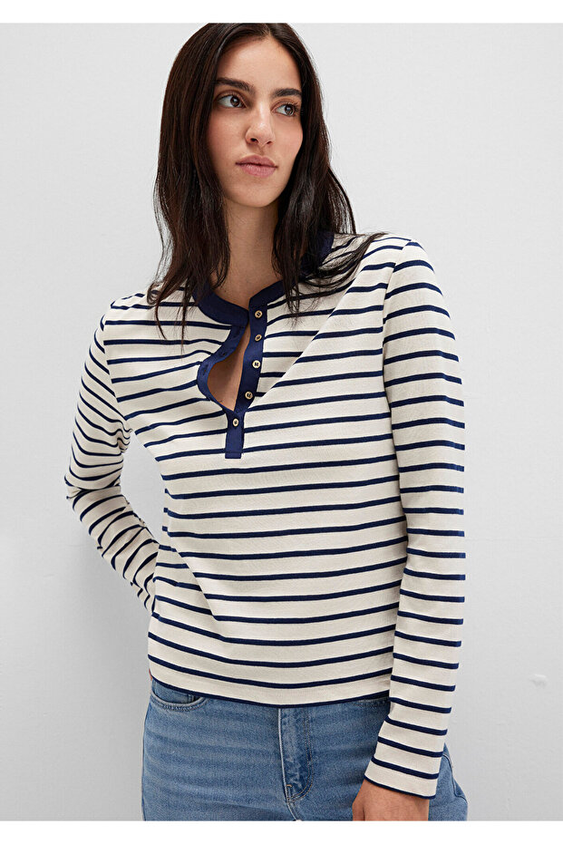 Button Detailed Striped T-Shirt Fitted / Bodycon Cut 1613394-86625