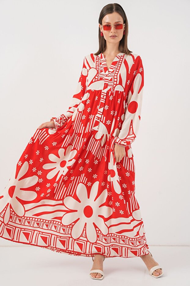 فستان ماكسي منقوش بياقة على شكل حرف V وأزرار من BDART - 4