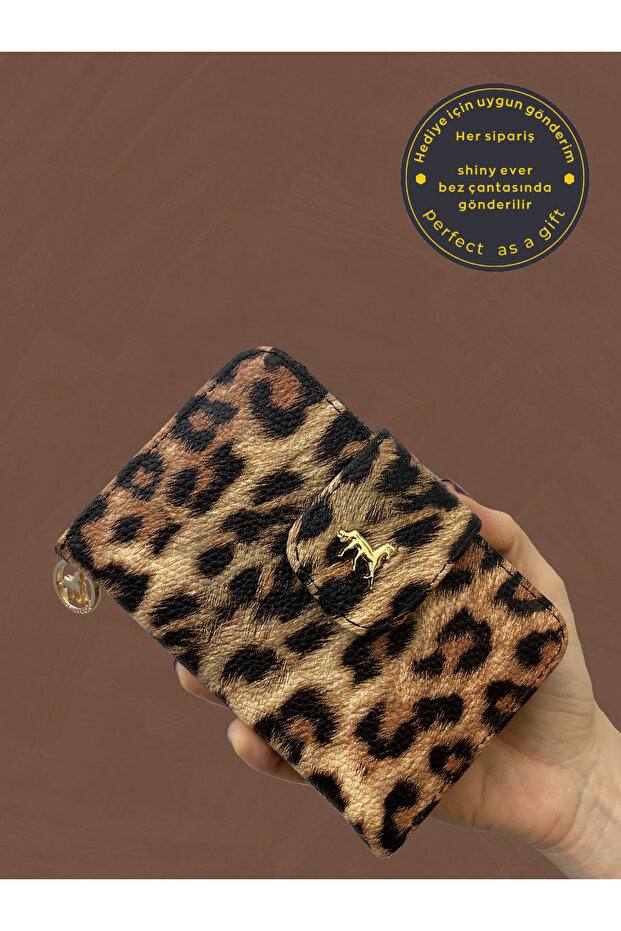 Leopard Printed Li Leather Women's Wallet Gold Detailed