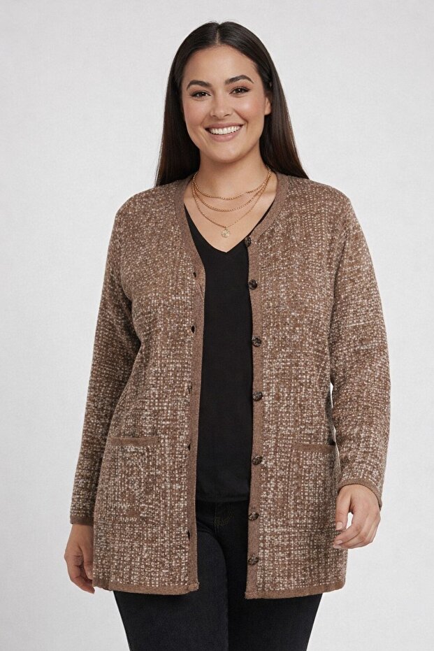 Women's Buttoned Front Mini Houndstooth Pattern Double Pocket B.B Cardigan