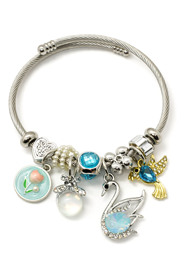 Swan Rose Bee Panda Flower Cat Clock Figured Stainless Steel Charm Bracelet