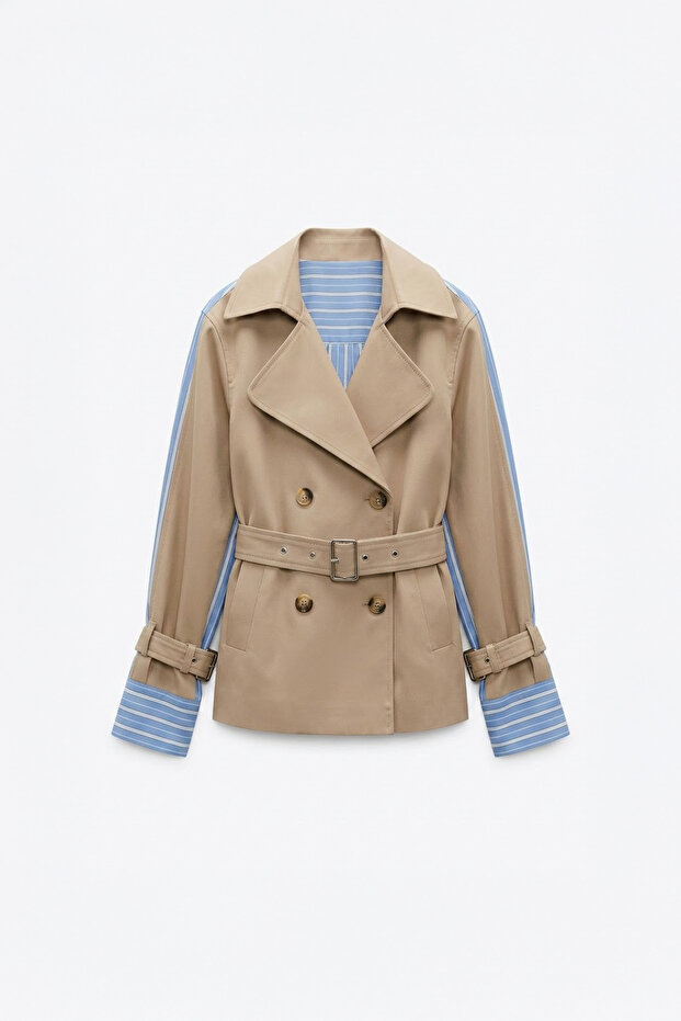 Striped Lined Belted Short Trench Coat Beige