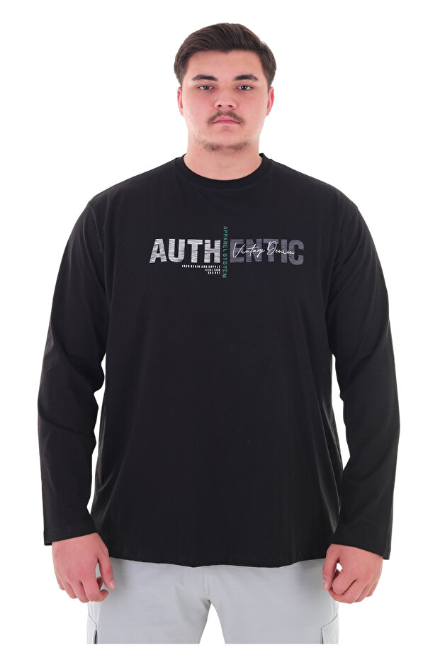 marufshop Erkek 115-155 Kilo Arası İçin Uygun Uzun Kol Bisiklet Yaka Mevsimlik Baskılı İnce Sweatshirt Siyah