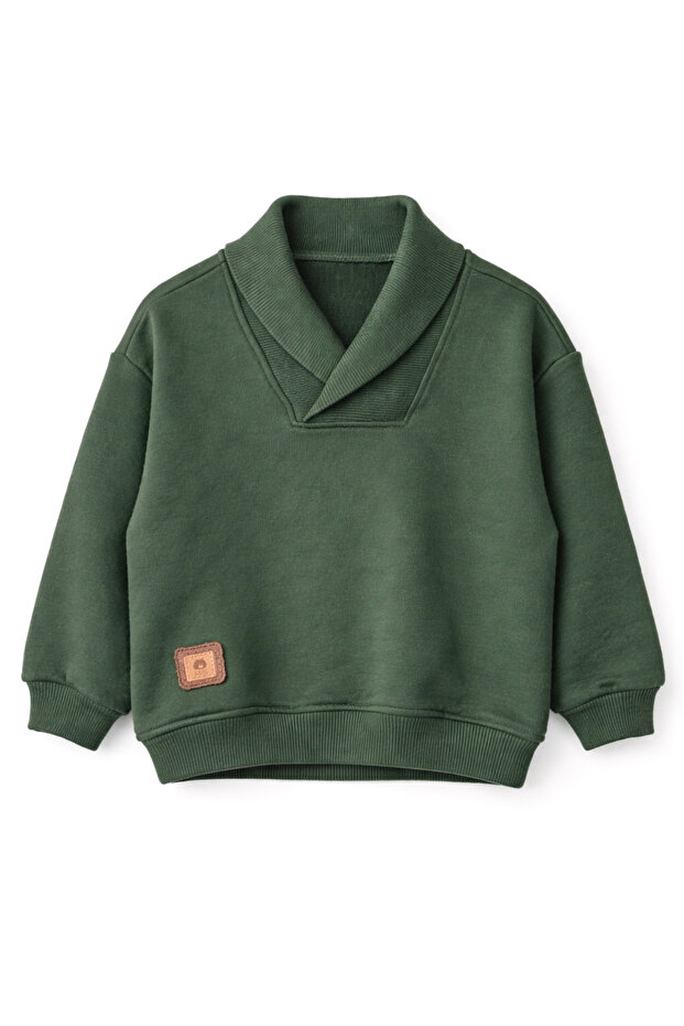 Turn-Down Collar Label Detailed Boys' Green Long Sleeve Winter Sweatshirt (3-9 Years)