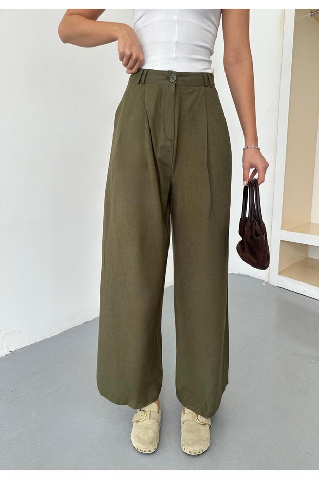New Season Double Pleated Double Bridged Buttoned Bol P Wide-Leg Leg Palazzo Linen Linen Pants