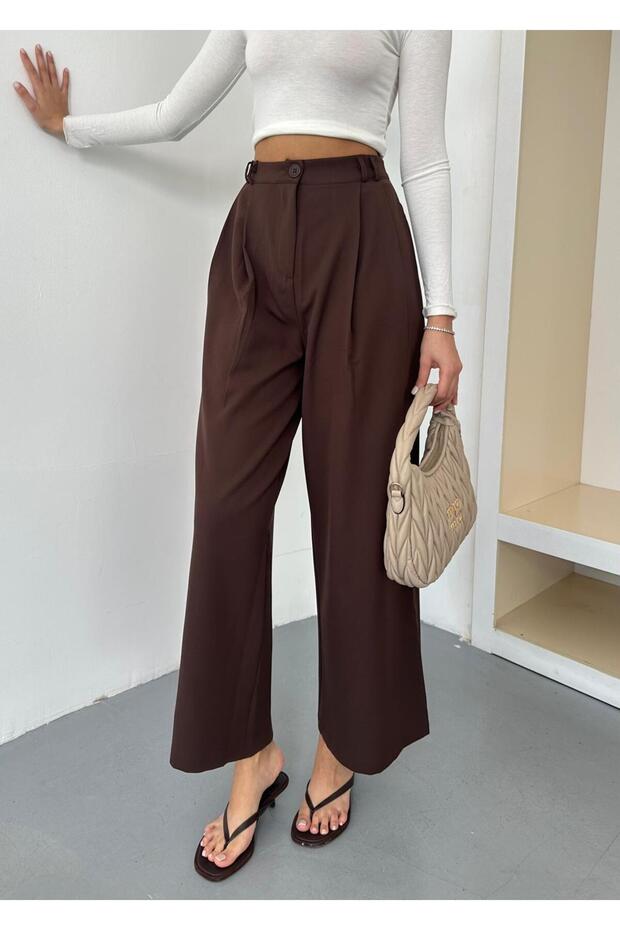 New Season Double Pleated Double Bridged Buttoned Bol Pa Wide-Leg Leg Woven Woven Palazzo Pants