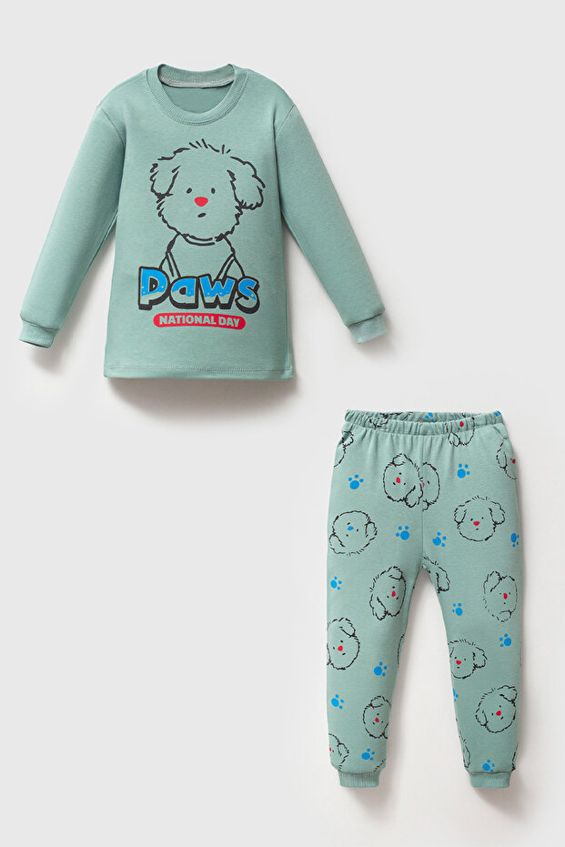 100% Cotton Piece Paws Printed Baby&Child Pajama Set Green