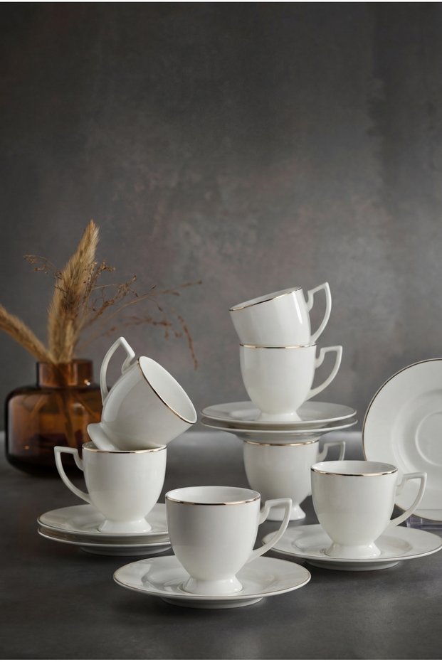 Porcelain Gold Gilded 6-Piece Coffee Cup Set, Stylish Handle Coffee Cup and Saucer Set (for 6 People)