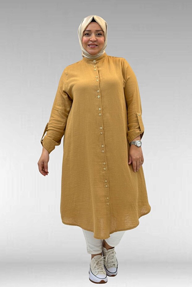 58092 Plus Size Double Button Detailed Muslin Shirt - Biscuit