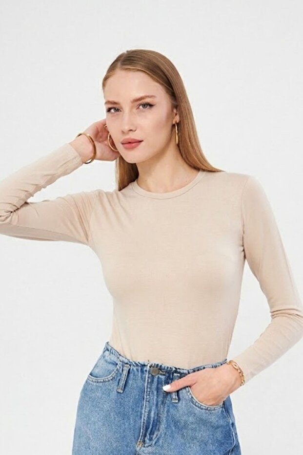 قميص برقبة دائرية وأكمام طويلة Badi فيسكوز قماش قابل للتمدد Body 101 بيج