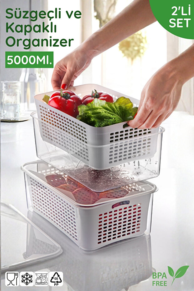 Set of 2 Refrigerator Organizers with Strainer Lids - 5000ml.