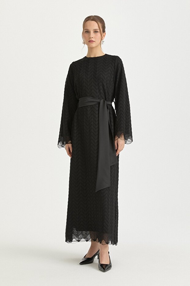 Belted Lace-Like Knit Cotton Piece Dress Black