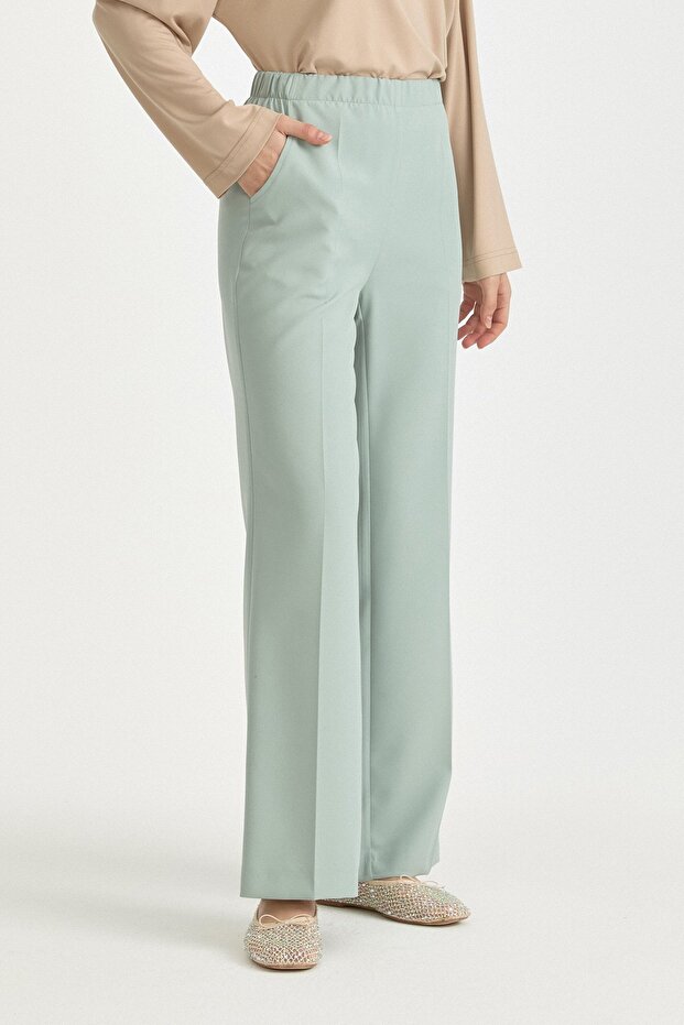 Elastic Waist Basic Ironed Trousers Aqua - 2