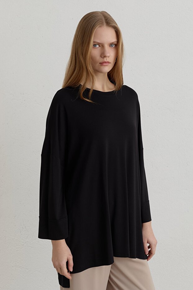 Yanları Yırtmaçlı Oversize Örme Bluz Siyah - 3