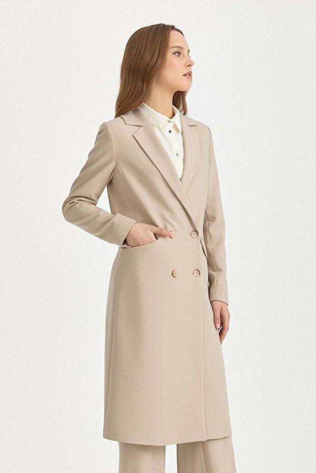 Kruvaze Kapama Uzun Blazer Poly. Viskon Basic Ceket Bej - 2