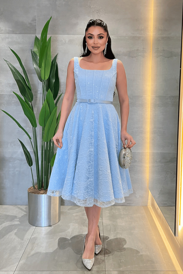 Lace Sequin Fabric Midi Dress with Underwire Detail - Baby Blue