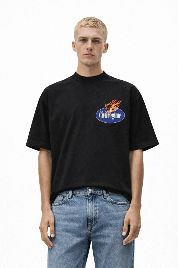 Unisex Civil Regime Flame Baby Text Logo Front Printed Oversize Thick Fabric Comfortable Cut Cotton T-Shirt