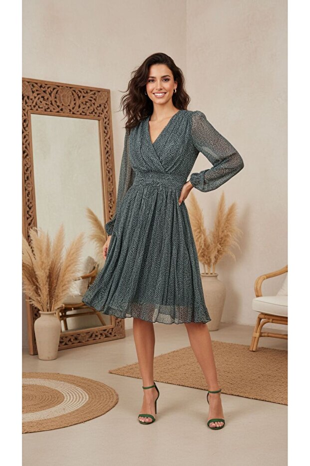 DRAPELİ ŞİFON ELBİSE - 1