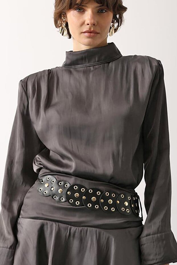 Black Silver Leather Metal Studded Lace-Up Design Disc Belt Alc-X15393